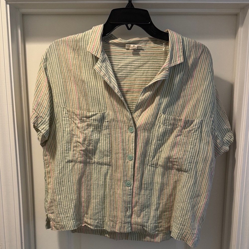 a.n.a Striped Button-Up Blouse - Green and Pink